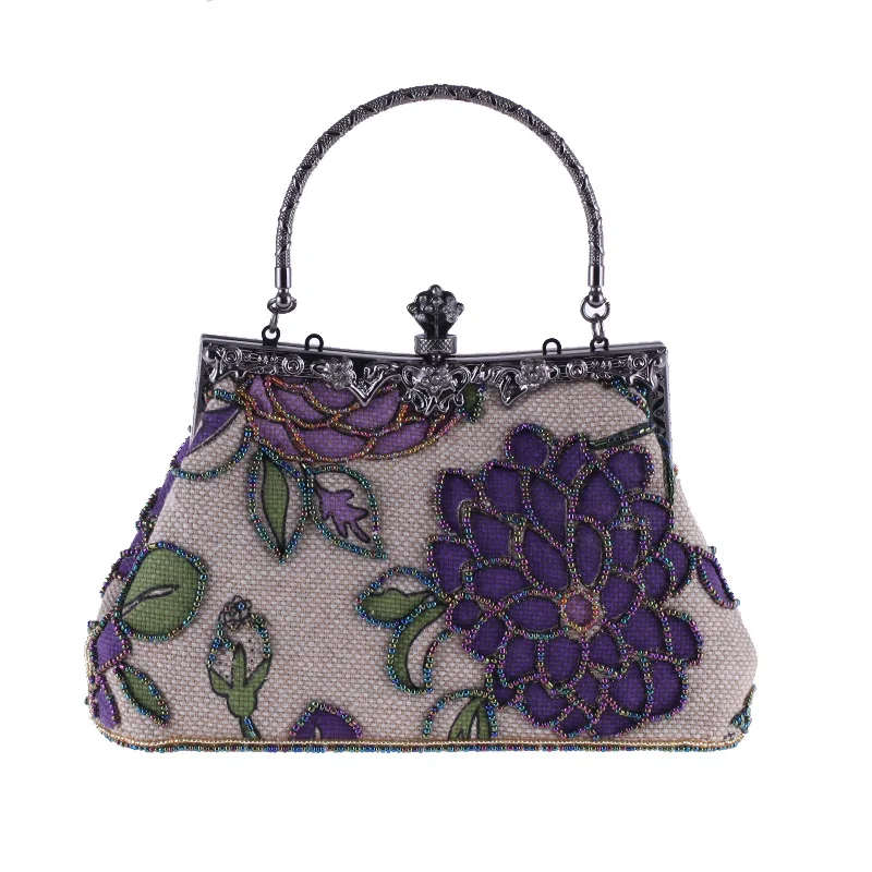 

Vintage Purple Women Bag Linen Beads Embroidery Handbag Clutch New Party Purse Makeup Bag Flowers Shoulder Bag XST7566-B
