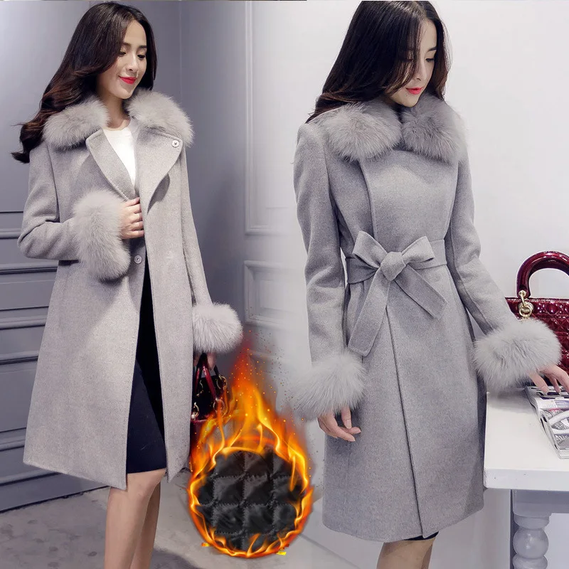 Элегантные женские шерстяные длинные пальто зима съемный воротник из искусственного меха полушерстяные пальто и куртки для офисных леди с поясом пальто