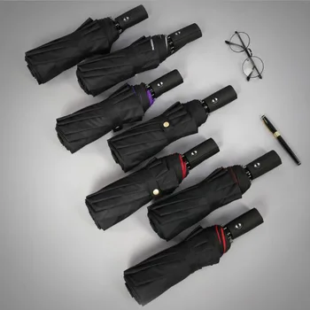 

TRDZPET New Fully-automatic Three Folding Male Commercial Compact Large Strong Frame Windproof 10Ribs Gentle Black Umbrellas