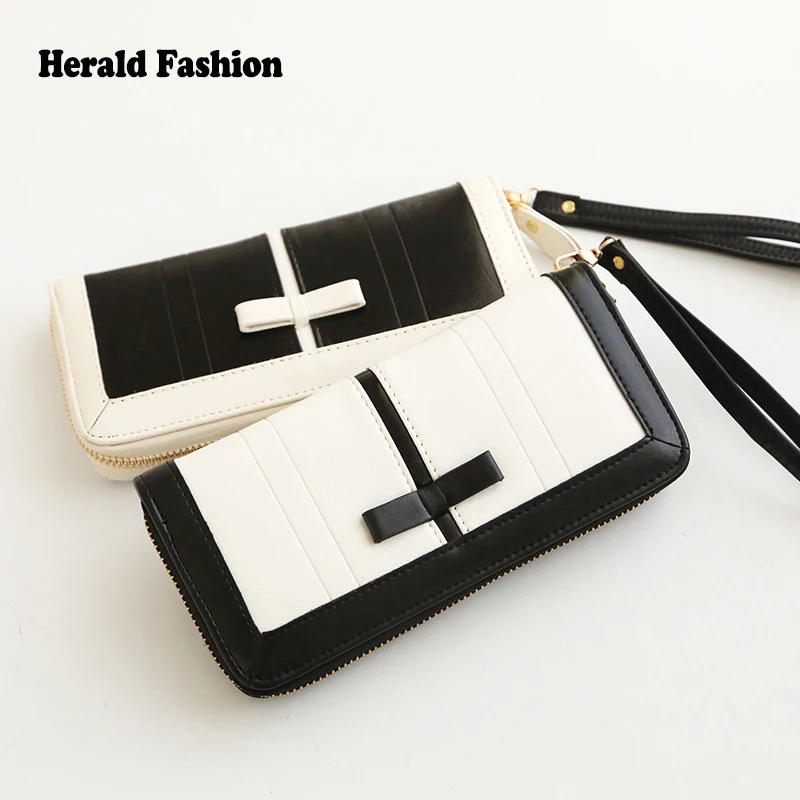  New Fashion Elegant Color Block Women's Leather Wallet Bow Long Wallet Clutch Purse Wristlet Carteira Portefeuille 140701W 