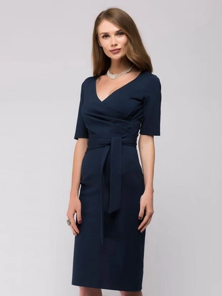 

Summer Women V-Neck Half Sleeve Slim Dress 2019 Elegant Going Out Bodycon Office Work Belt Burgundy Blue Dress