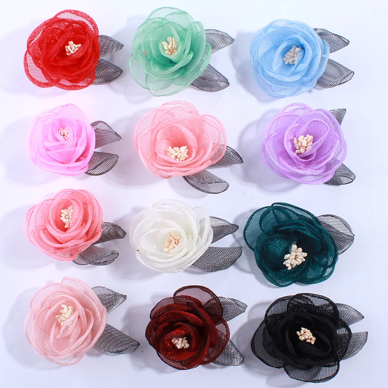 5pcs 5cm Newborn Burned Satin Fabric Flowers With Stamen Silk Flower