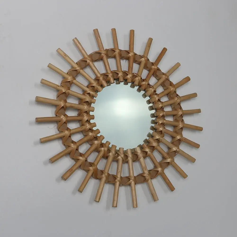 

Creative Rattan Round Makeup Mirror Dressing Bathroom Wall Hanging Vanity Mirror Home Art Decoration