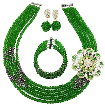 

Fashion Green Silver Multi Strands Nigerian Wedding Necklace Costume African Beads Jewelry Set for Women 5L-YH08