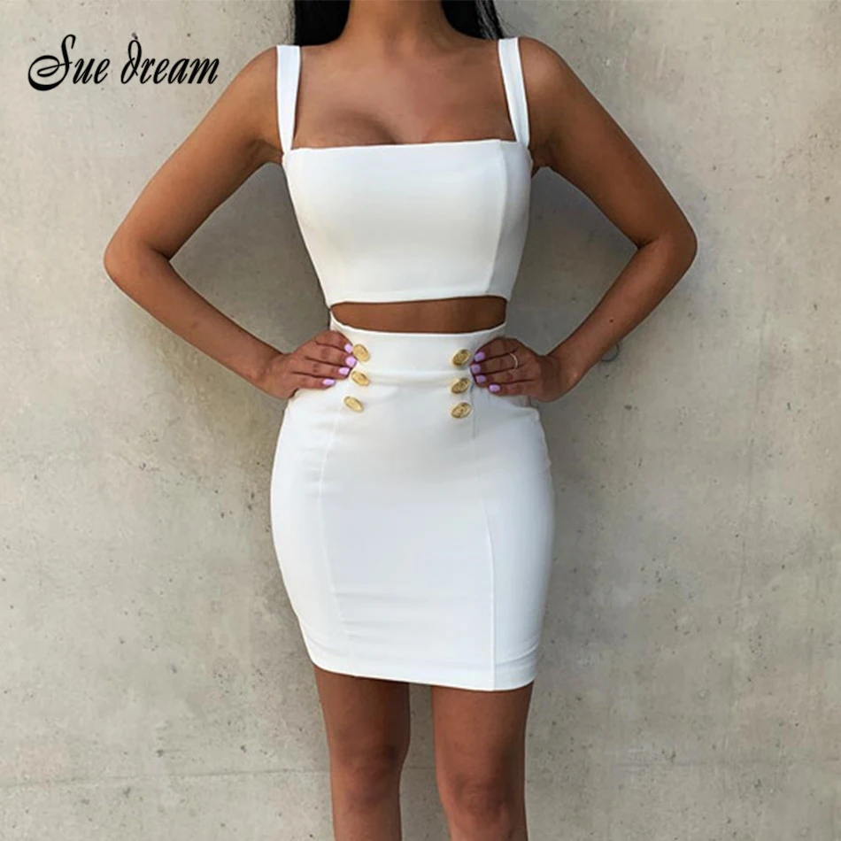 

Women's two-piece bandage set new 2019 ladies Bodycon sexy elastic black white button two-piece rayon bandage mini dress