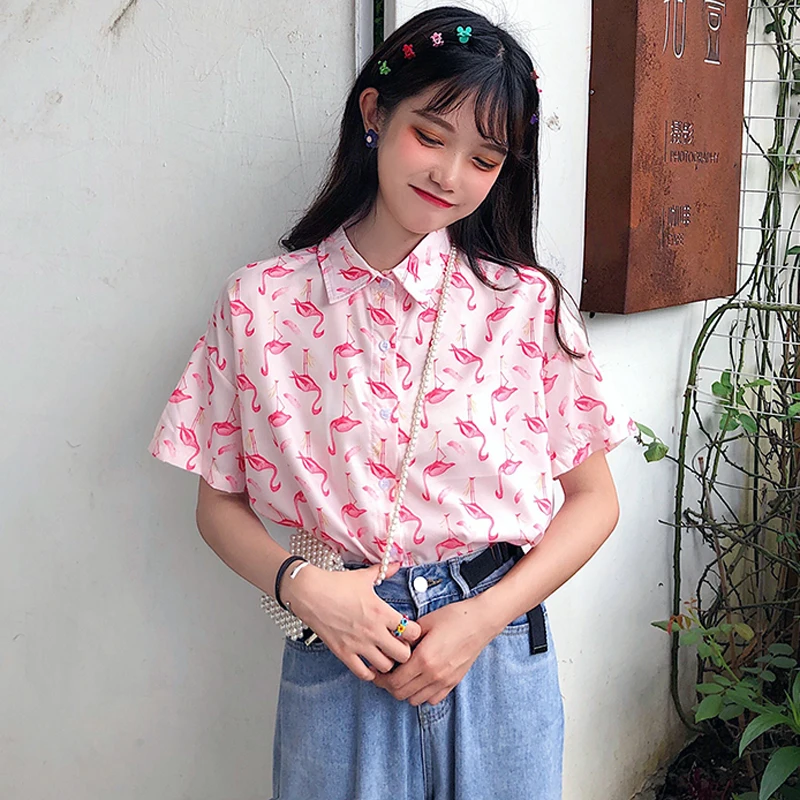 

2019 New Summer Shirts Women Harajuku Flamingo Shirts Cotton Loose Short Sleeve Shirts Vintage Cartoon Shirts Female Blouse