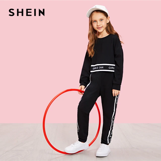 SHEIN Girls Lettering Trim Casual Pullover And Pants Set Kids Clothing 2019 Spring Active Wear Long Sleeve Girls Clothes 3