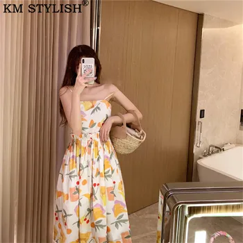 

2019 Spring/Summer New Fruit Print Spaghetti Strap One-piece Dress Women's Fresh Medium Long Strapless Dress