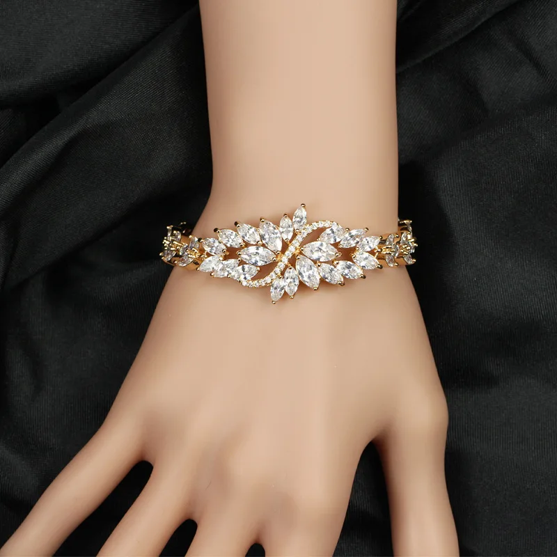 Pera Роскошные Свадебные Летние свадебные Золото Цвет Jewelry большой маркиза цветок кубического циркония камень Для женщин браслет для подарка B114