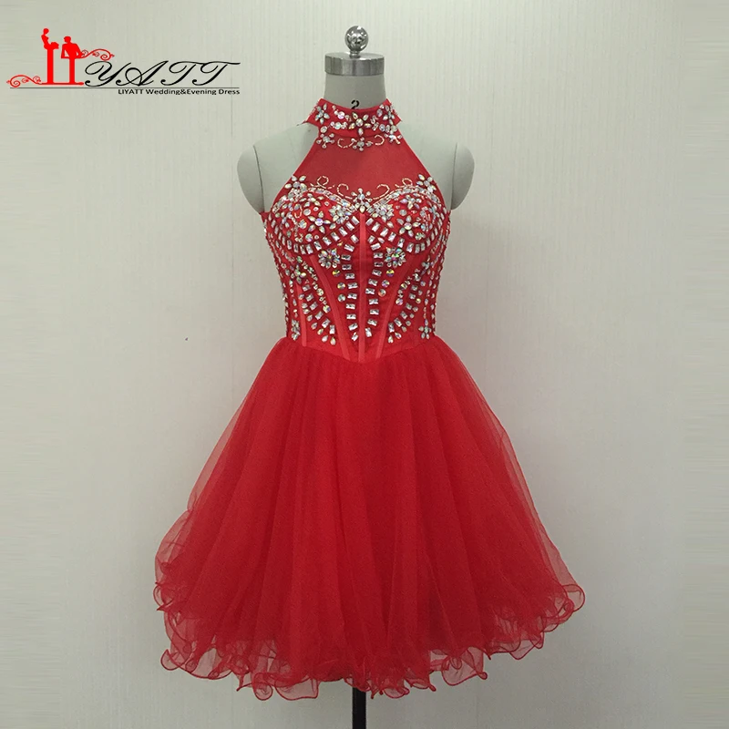 2016 Real Picture Red Ball Gown Tulle High Neck Heavy Beads Crystal
