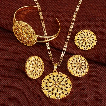 

Ethiopian Jewelry set Pancake Pendant Chain Earring Ring Bangle Big Flower Jewellery Eritrea Habesha Wedding African