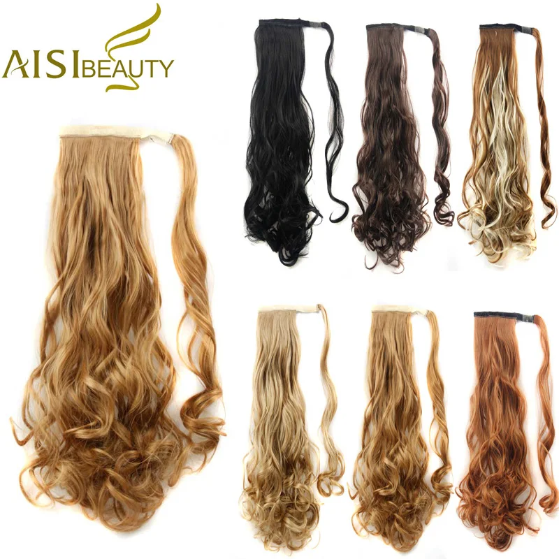 

AISI BEAUTY 22'' Long Wavy Ponytail Clip In Synthetic Pony Tail Fake Hair Extension Wrap Round Hairpiece for Women Black Blonde