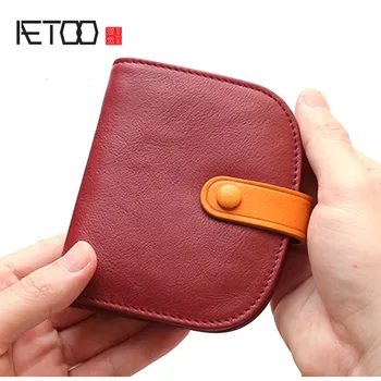 

AETOO Original small wallet vegetable tanned leather retro hit color buckle short photo bit purse leather card bag female