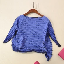 Miyake/ ; модная однотонная шифоновая футболка с длинными рукавами и круглым вырезом