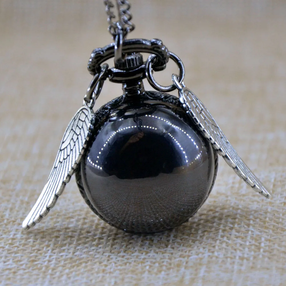 

Vintage Black Smooth Harry Potter Ball Silver Wings Quartz Pocket Watch Analog Pendant Necklace Mens Womens Watch Gifts Chain