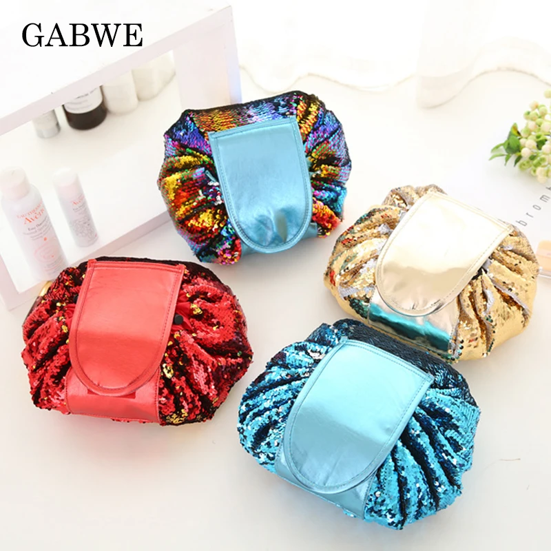  GABWE Mermaid Sequins Design Cosmetic Bag Drawstring Makeup Case Women Travel Make Up Organizer Sto