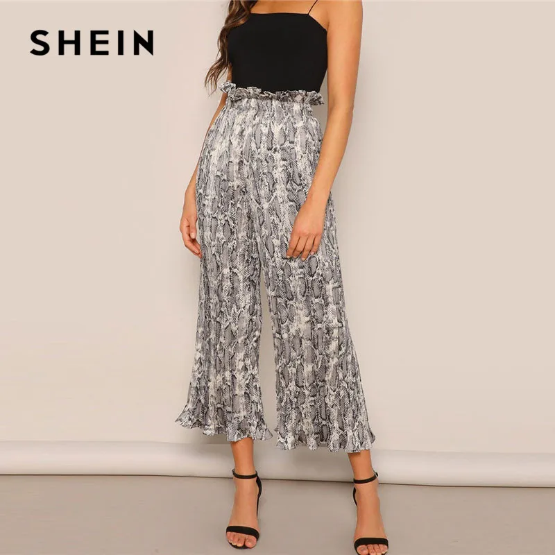 

SHEIN Lady Loose Highstreet Ruffle Waist Snakeskin Print Wide Leg Pants 2019 Spring Women Casual High Waist Crop Trousers