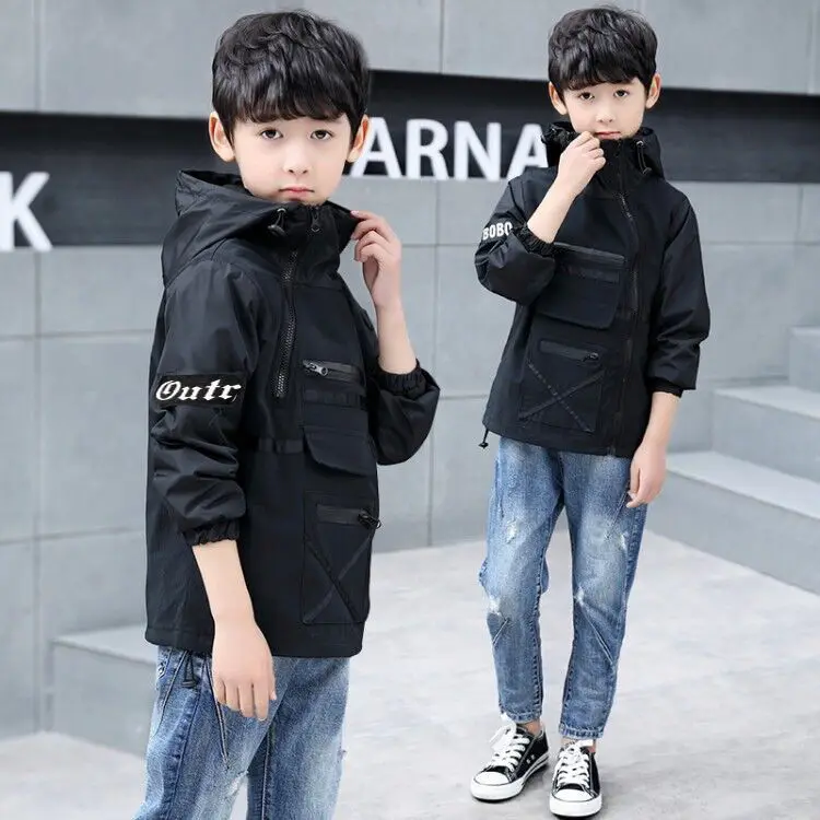 INS/Лидер продаж, верхняя одежда для мальчиков однотонная Классическая куртка с капюшоном и двойной застежкой-молнией на груди и карманом для детей возрастом от 4 до 13 лет