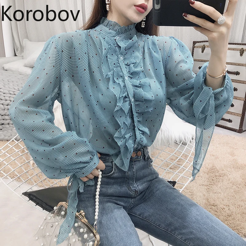 Korobov Blusas Mujer 2019 Новое поступление воротник-стойка с оборками Женская блузка в