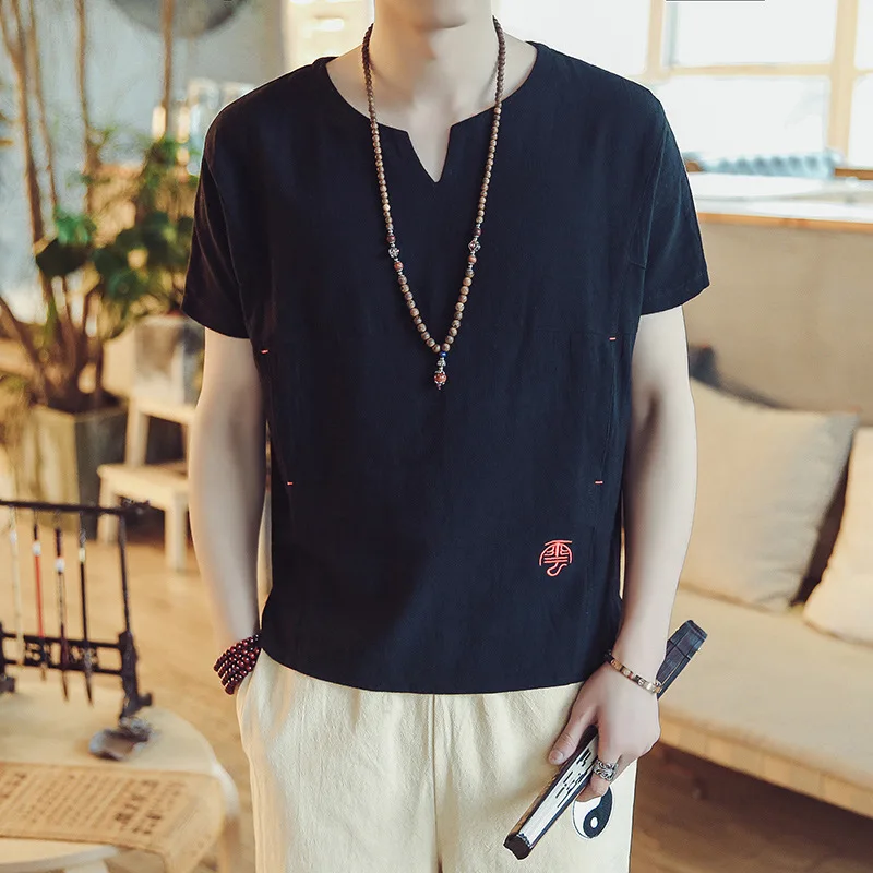 

2019 new short sleeve shirt fashion cotton linen loose trendy summer embroidery v-neck men's shirt fashion brand top coat