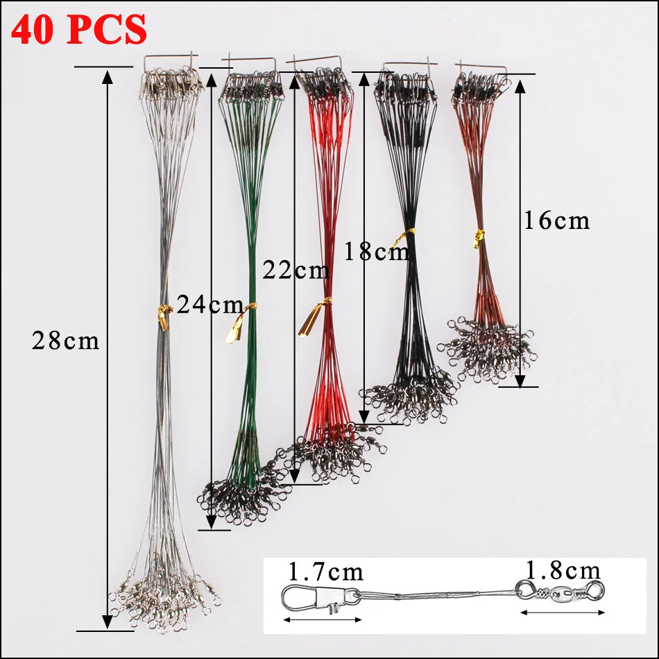 40PCS Steel Wire Leader Rope Fishing Line Lure Leader Swivel Interlock Snap Anti-bite Line fishing hooks 16/18/22/25/28cm