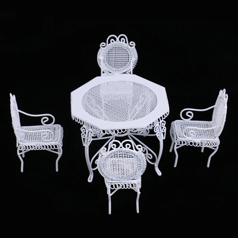 NEW Dollhouse Miniature Furniture Iron Metal WhiteTable and 4 Chairs Set 5PCS