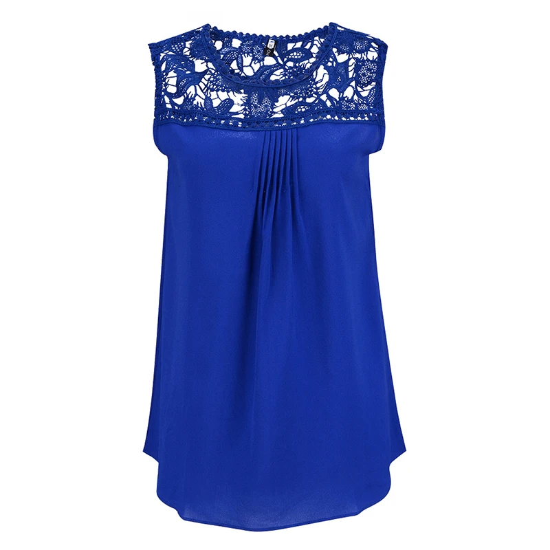 

hot sale 2019 new arrival fashion Women Summer Blouses O neck sleeveless patchwork lace plus size 5XL loose Chiffon shirts 4293