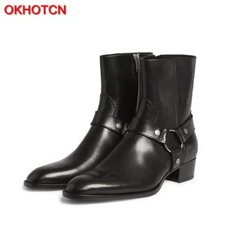 OKHOTCN Vintage Men Chelsea Boots Genuine Leather Suede Rome Style Man Ankle Boots Zipper Male Casual Buckle Shoes Sapato Botas spring men casual shoes winter male luxury trainers adult ankle boots genuine leather hook loop solid suede flatform sneakers
