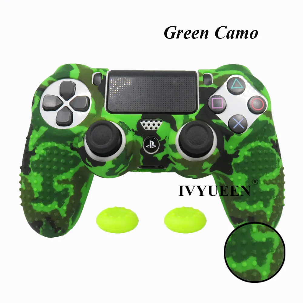 IVYUEEN 25 Colors For PlayStation 4 PS4 Pro Slim Controller Silicone Protective Skin Case Cover Thumb Grip Caps for Dualshock 4 - Цвет: Green Camo