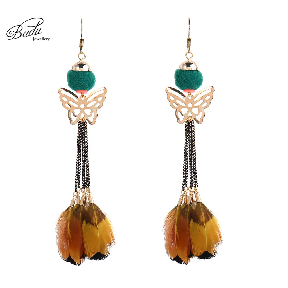 

Badu Vintage Feather Earrings Natural Style Pompom Fashion Jewelry Gold Hollow Butterfly Colorful Long Drop Earring Handmade
