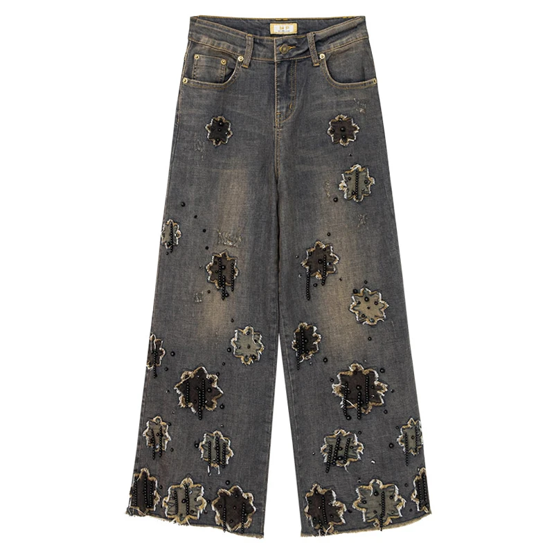 Осенне-зимние винтажные женские широкие растягивающиеся рваные джинсы с высокой талией и бисером, осенние женские джинсовые брюки с кисточками в стиле пэчворк