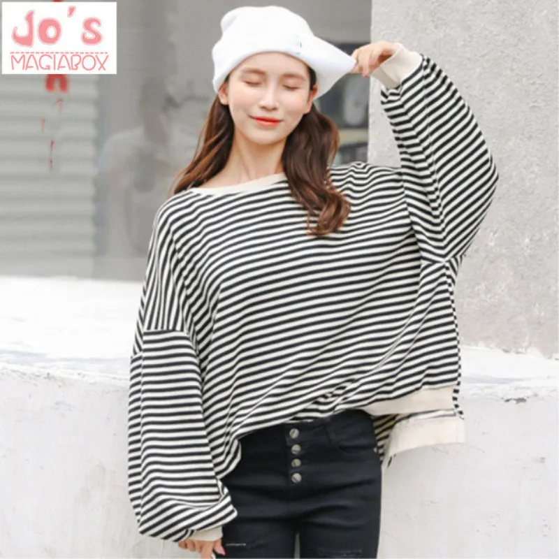 

2019 Harajuku Hoodies Sweatshirts Korea Ulzzang Women Plus Size Pullover Casual Coat Winter Loose Sweatshirt Black Striped