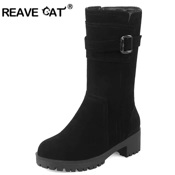 

REAVE CAT Ladies boots Mid-calf boots Women vintage half short botas Women footwear Buckle Cloth Spring Autumn Fashion Cool A093