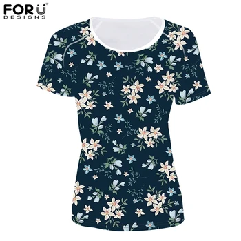 

FORUDESIGNS Beautiful Flowers Print T-shirt For Women Fashion Clothing Summer Short Sleeves Tees Female Casual Wear T Shirts Top