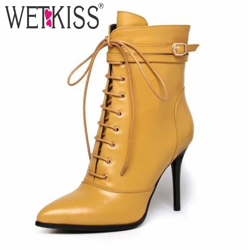 WETKISS Plus Size 33-43 Genuine Leather Buckle Lace up Ankle Boots Thin Heels High Quality Shoes Pointed Toe Fall Winter Boots