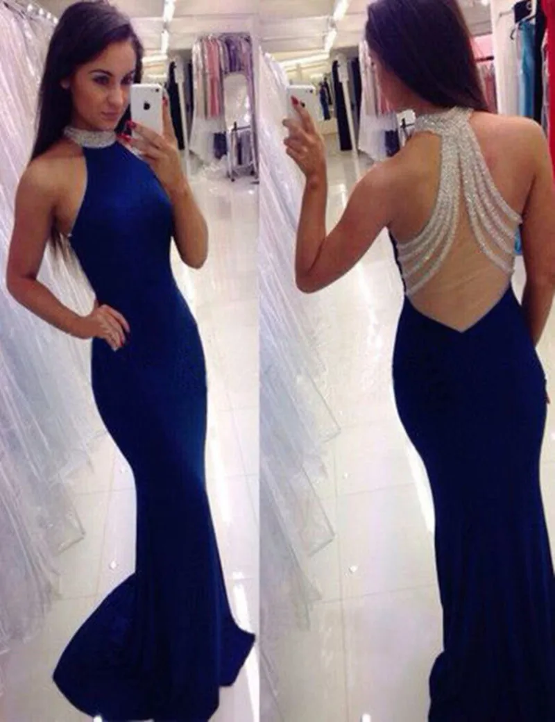 

Satin Mermaid Royal Blue Prom Dress Formal Dress Halter Neck Evening Dress New Robe De Soiree Off Shoulder Beading Prom Dresses