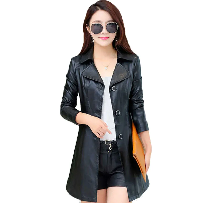 

Women's Leather Spring Autumn New Fashion Plus Size Plus Thin Cotton Leather Jacket Casual Long Coat Windbreaker Coat Female A68