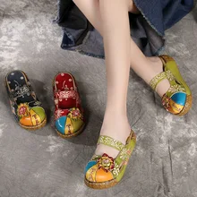 Zapatos de tacón grueso hechos a mano, zapatos de flores Vintage, sandalias de cuero PU para mujer, sandalias de mujer con cuña de Color Ultra ligero