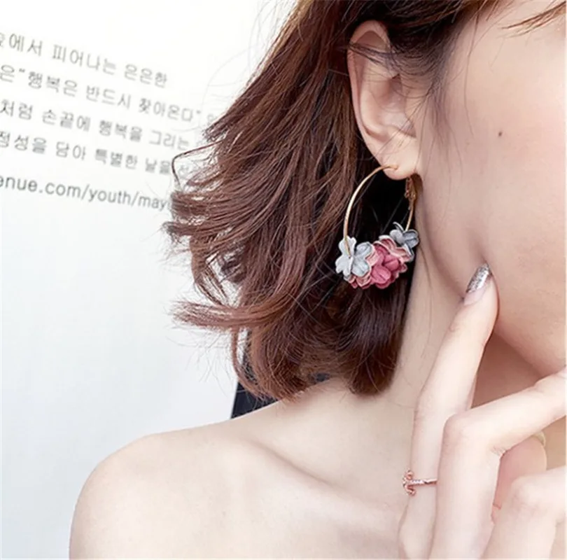 

Geometric Round Multi Color Flowers Silver Gold Color Zinc Alloy Stainless Steel Trendy Romantic Big Hoop Earrings