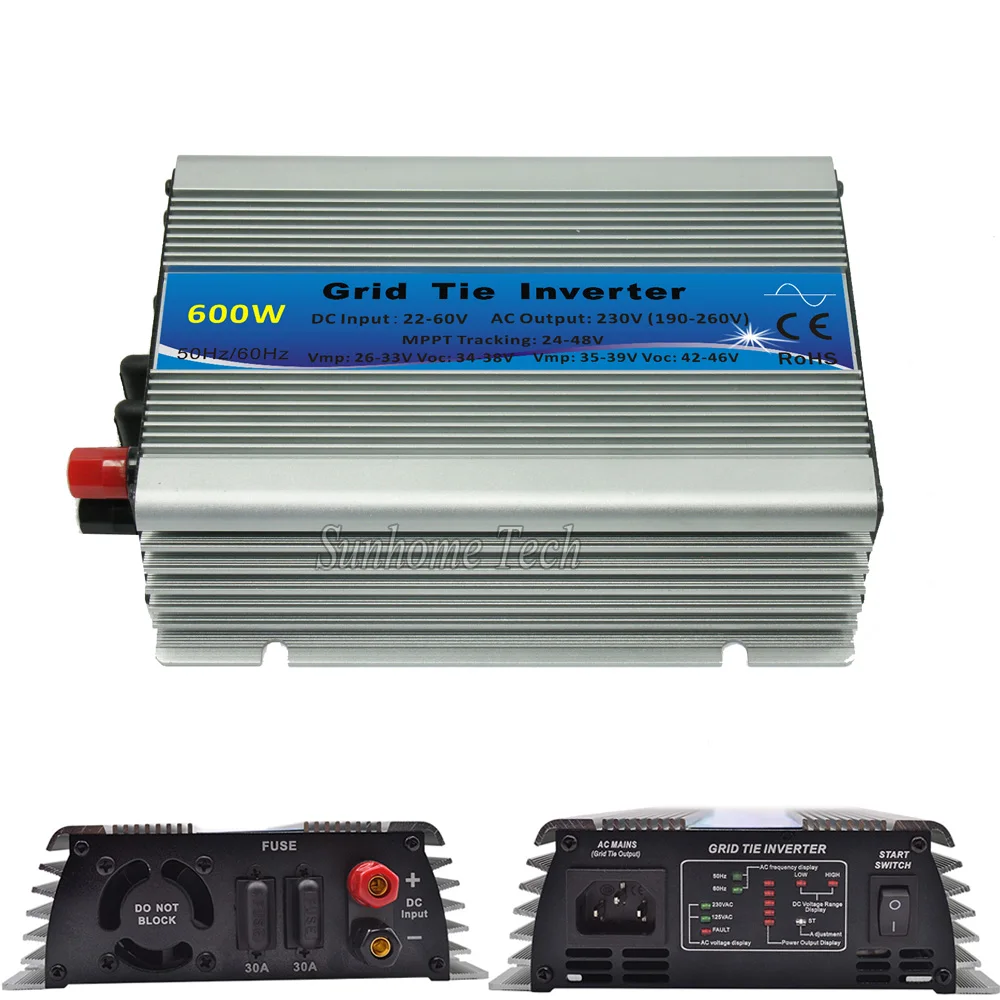

600W On Grid Tie Inverter MPPT Pure Sine Wave DC10.5-28V 22-60V to AC 110V 220V Micro Grid Tie Inverter