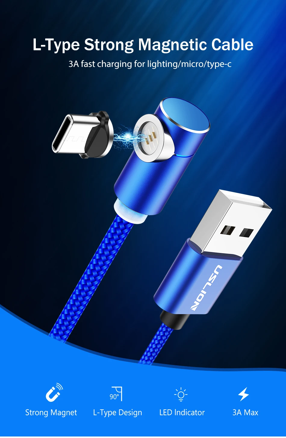 USLION 2m 3A Магнитный usb-кабель для быстрой зарядки для iPhone 11 Pro Android шнур для телефона type C кабель магнитное зарядное устройство Micro USB кабель