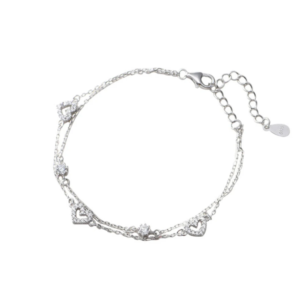 

925 Sterling Silver CZ Zircon Heart Charm Two Layers Link Chain Bracelet Adjustable Women Bracelet Elegant Silver Jewelry