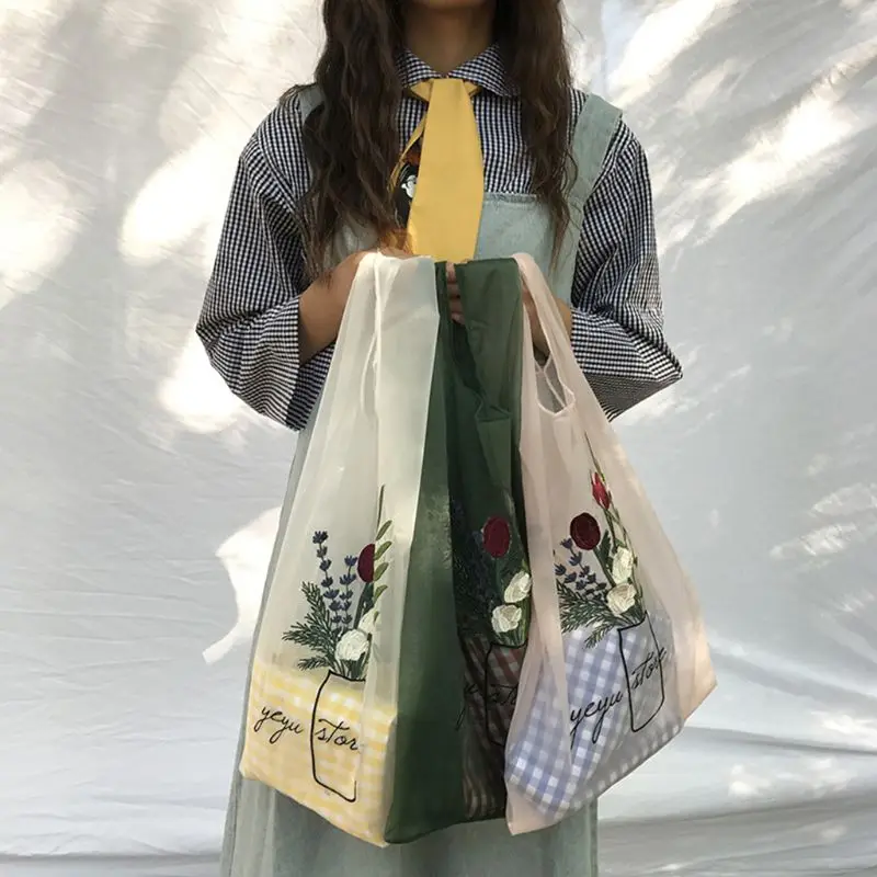 

Embroidery Handy Shopping Bags Reusable Tote Pouch Recycle Storage Handbags