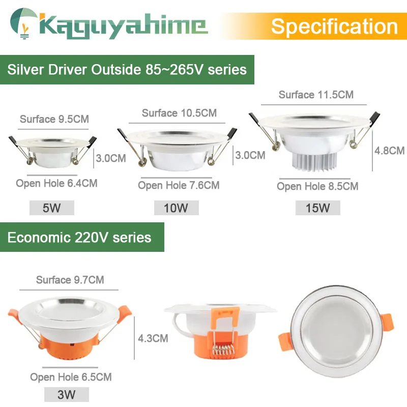 Kaguyahime LED Downlight 220V AC 110V Встраиваемый круглый светодиодный светильник 3W 5W 9W 15W Алюминиевый точечный светильник Теплый бел