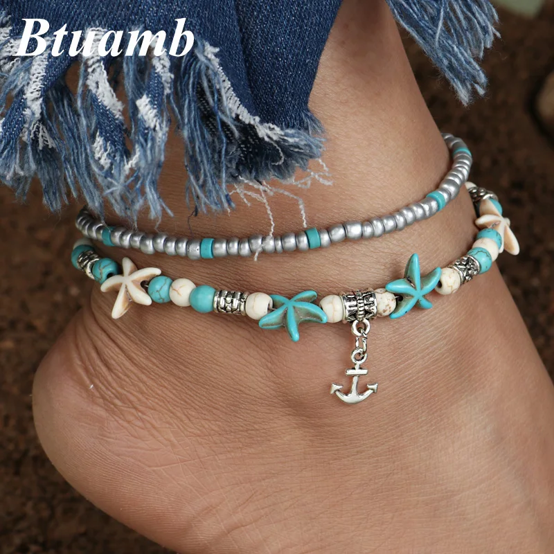 

Btuamb New Boho Style Shell Starfish Anchor Anklets Bracelets for Women Foot Jewelry Double Layer Statement Anklets Beach Sandal