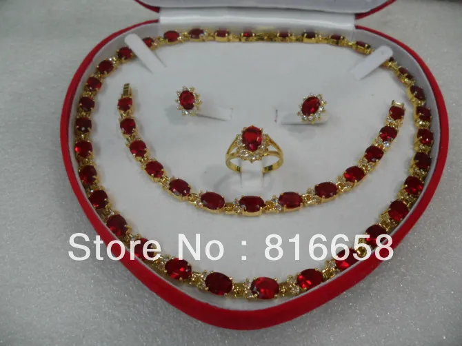 

Free shipping@@women's jewelry oriental ruby yellow gold Necklace Bracelet Earring Ring box set
