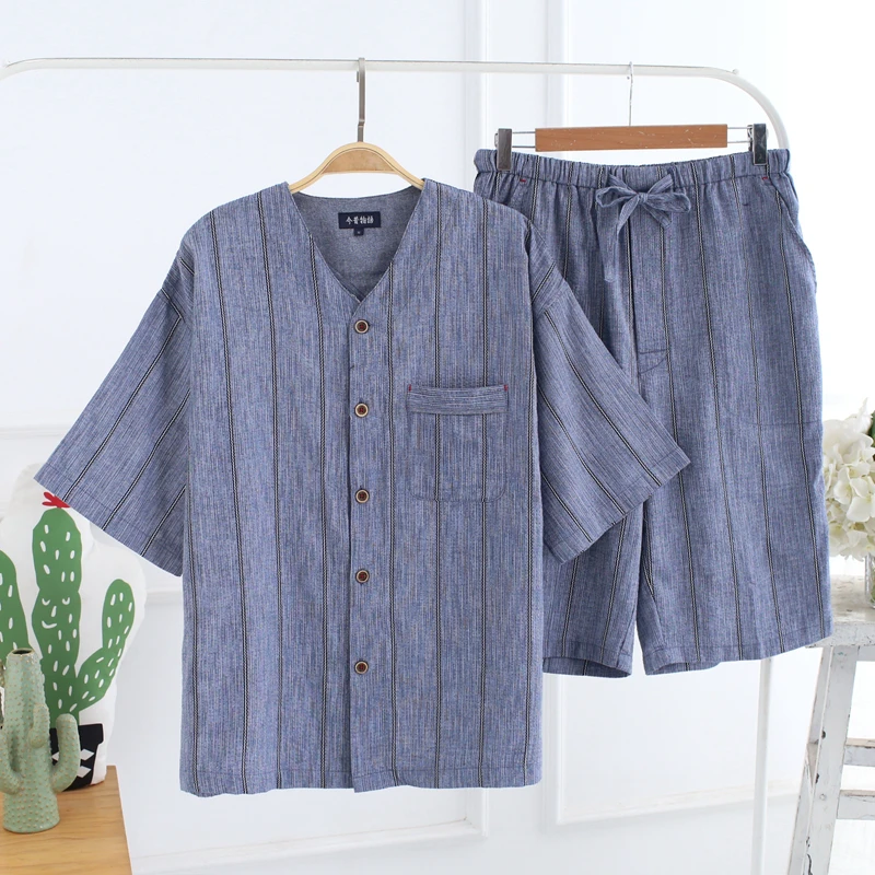 

Men's pyjamas summer Woven cotton short sleeve Button stripe pajamas set