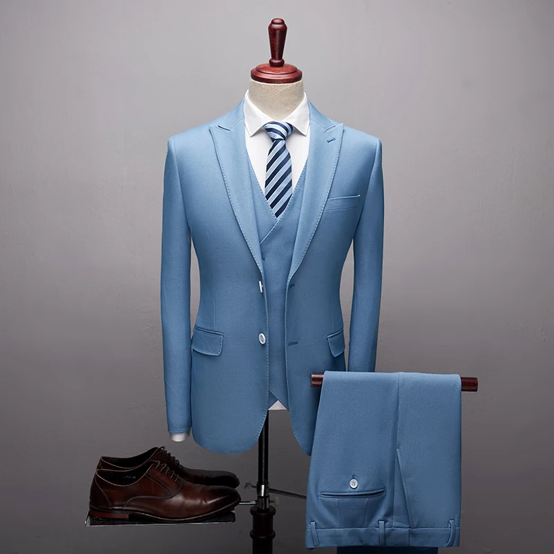 2020 Fashion New High quality Mens Light blue Royal suits Formal 3 Pieces Wedding Groom Tuxedos Prom Slim Fit Peak lapel Suits 2020 Fashion New High quality Mens Light blue Royal suits Formal 3 Pieces Wedding Groom Tuxedos Prom Slim Fit Peak lapel Suits
