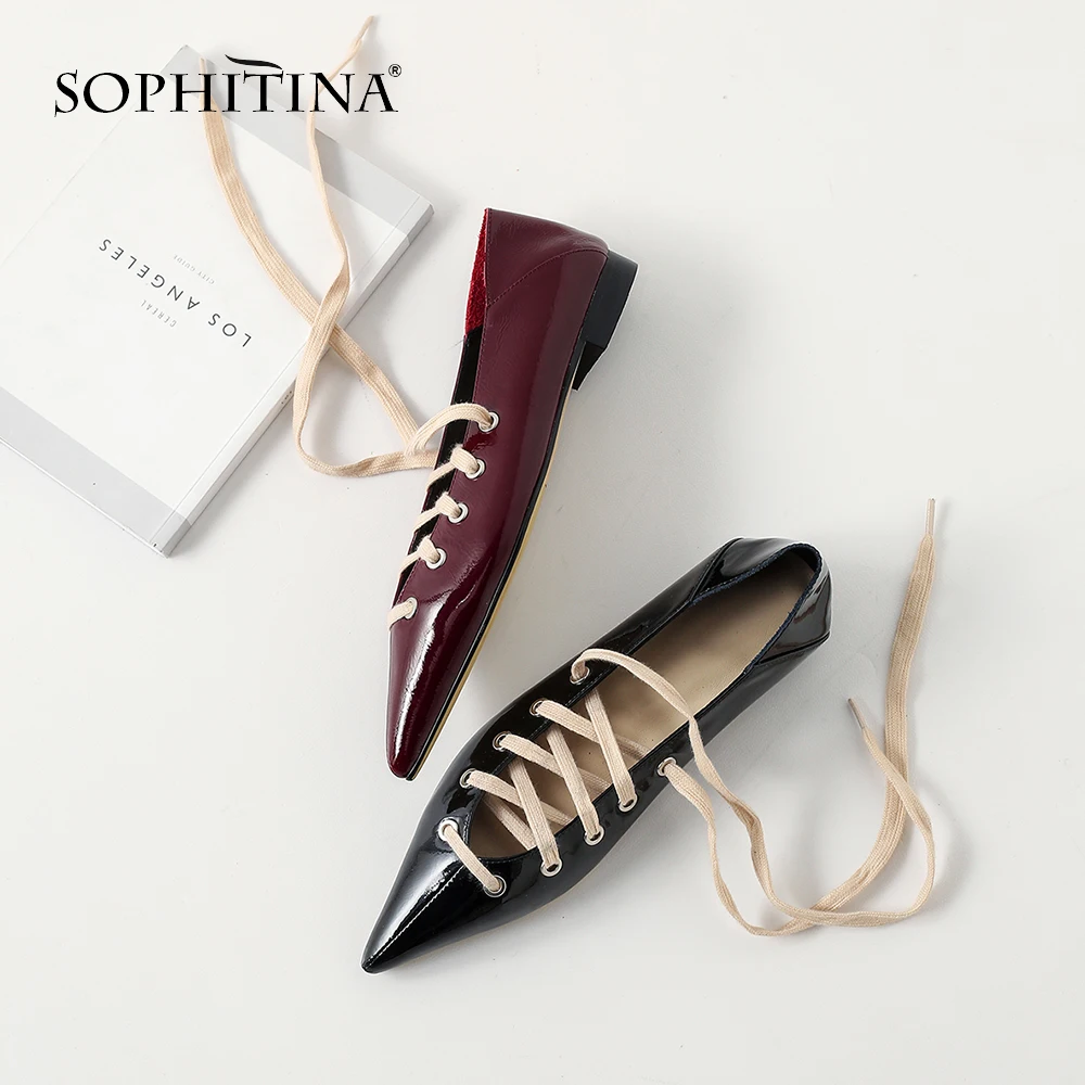 

SOPHITINA 2019 Spring New High-quality Patenet Leather Pointed Toe Girlish Shoes Solid Fashion Cross-tied Woman Dress Flats PO47
