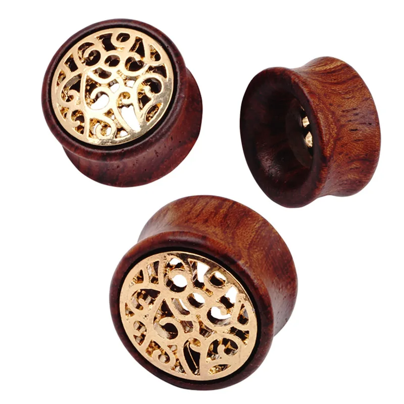 

1 Pair New Wood Ear Plugs Gauges Gold Hollow Earrings Women Men Flesh Tunnel Expander Piercing Stretcher Body Piercing Jewelry